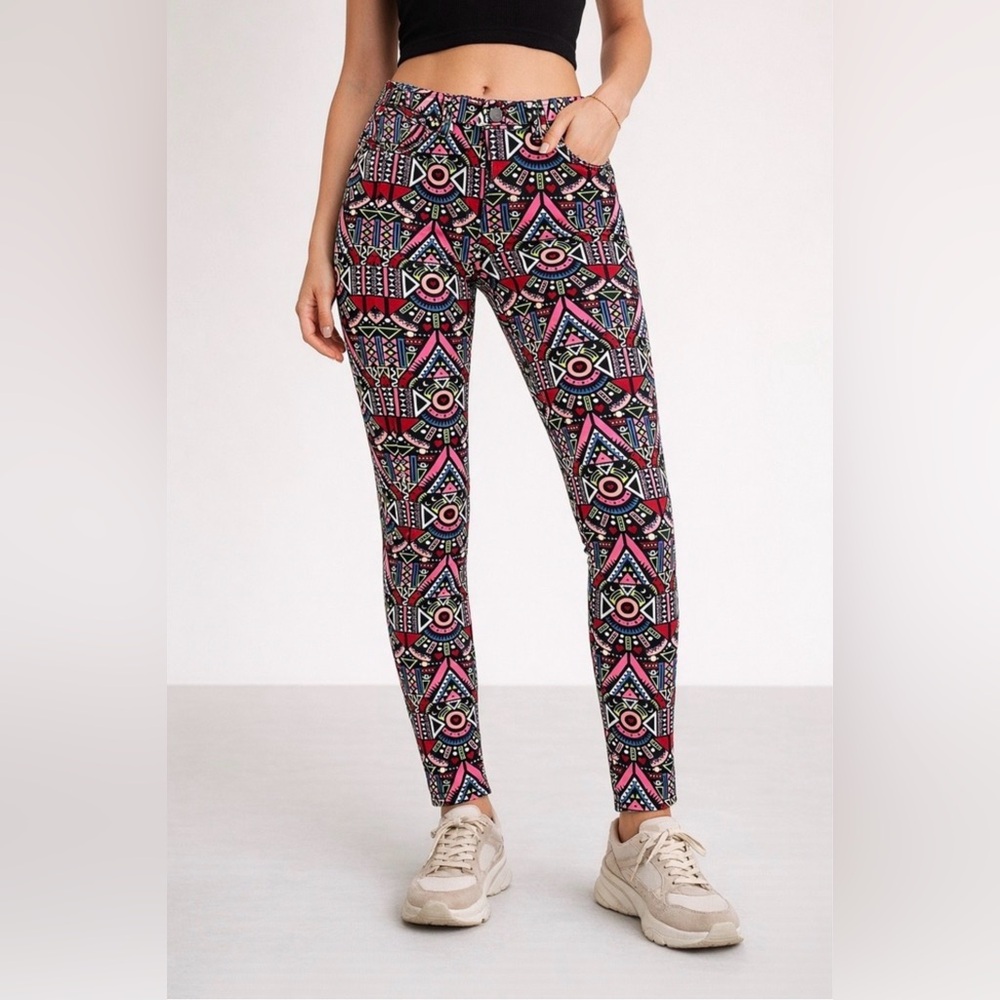 H&M DIVIDED Colorful Festival Unique Print Skinny Stretch Pants - size 10